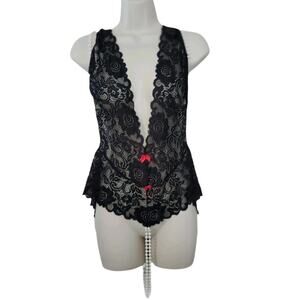 Vixen Sz Queen Beaded Faux Pearl Black Lace Bodysuit Lingerie New With Tags